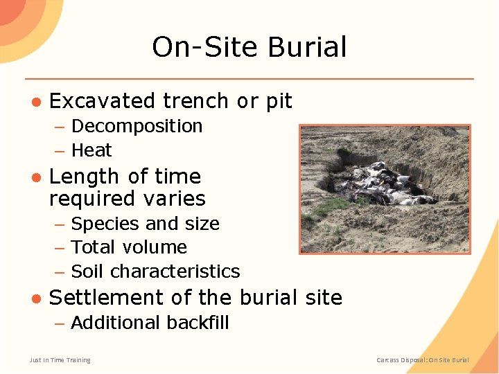 On-Site Burial ● Excavated trench or pit – Decomposition – Heat ● Length of