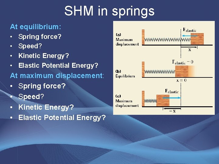 SHM in springs At equilibrium: • • Spring force? Speed? Kinetic Energy? Elastic Potential