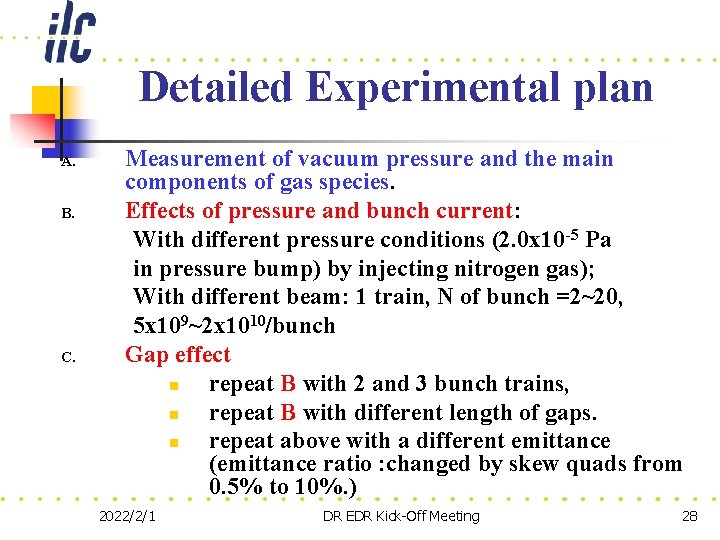 Detailed Experimental plan A. B. C. Measurement of vacuum pressure and the main components