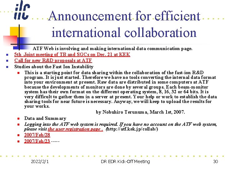 Announcement for efficient international collaboration n ATF Web is involving and making international data