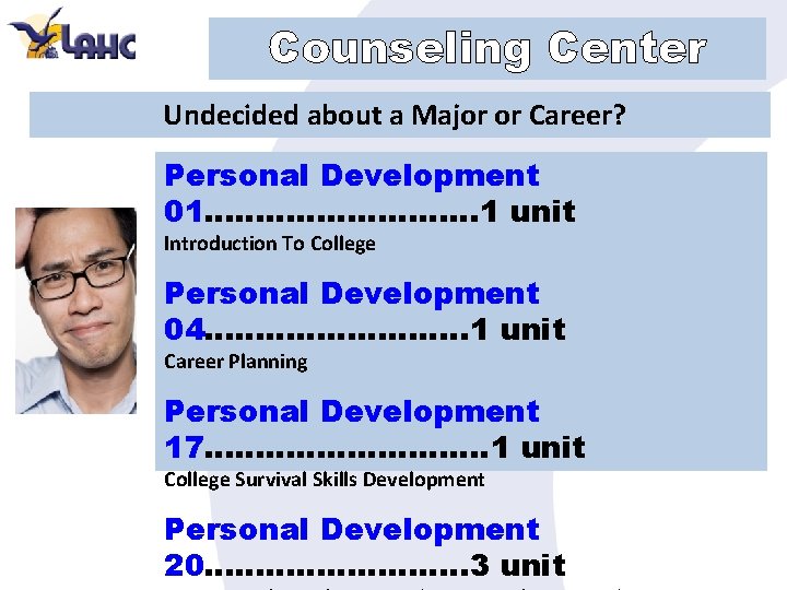 Counseling Center Undecided about a Major or Career? Personal Development 01…………… 1 unit Introduction