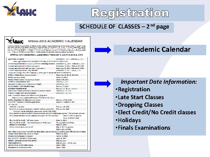 Registration SCHEDULE OF CLASSES – 2 nd page Academic Calendar Important Date Information: •