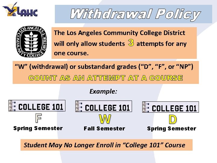 Withdrawal Policy The Los Angeles Community College District will only allow students one course.