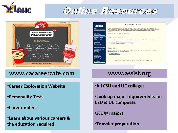 Online Resources www. cacareercafe. com www. assist. org • Career Exploration Website • All