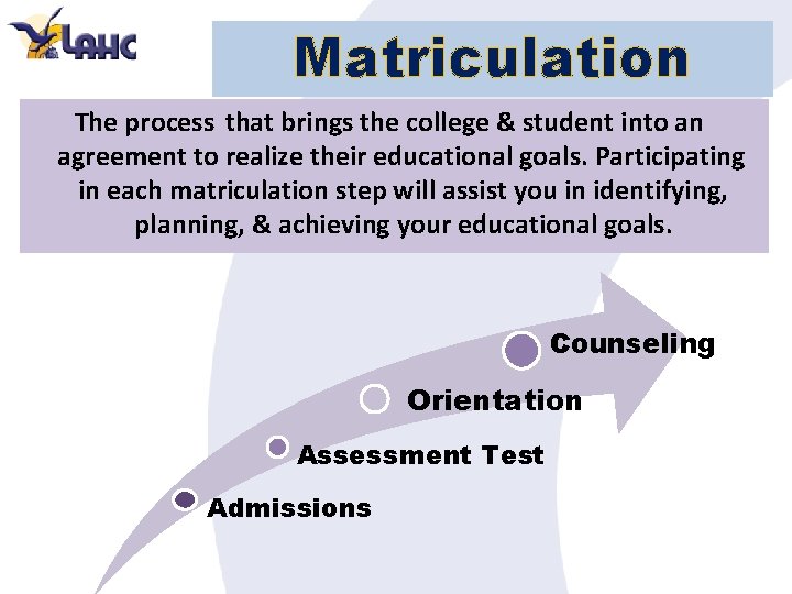 Matriculation The process that brings the college & student into an agreement to realize
