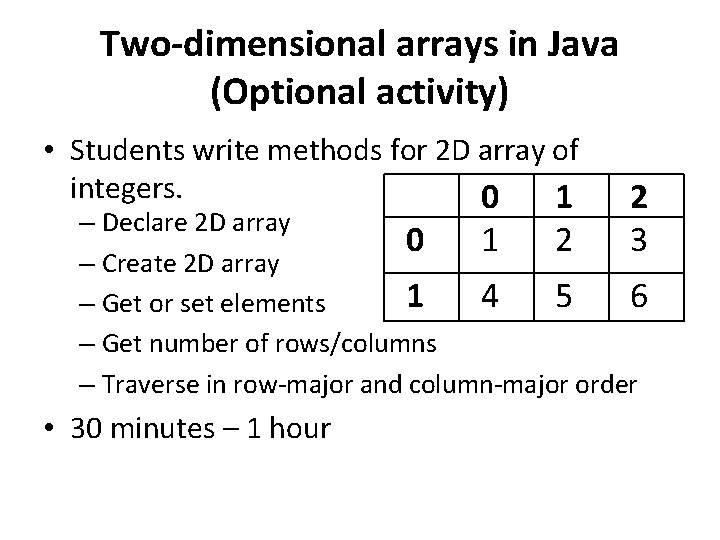 Two-dimensional arrays in Java (Optional activity) • Students write methods for 2 D array
