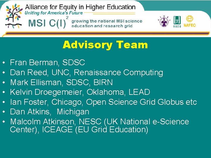 Advisory Team • • Fran Berman, SDSC Dan Reed, UNC, Renaissance Computing Mark Ellisman,