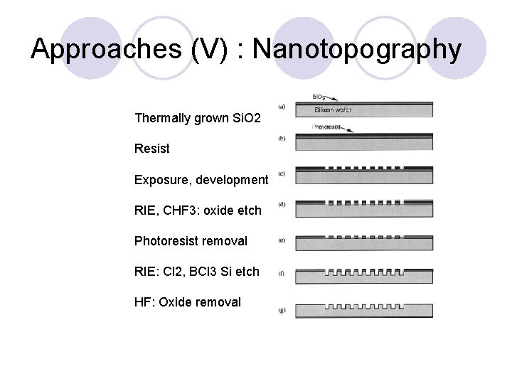 Approaches (V) : Nanotopography Thermally grown Si. O 2 Resist Exposure, development RIE, CHF