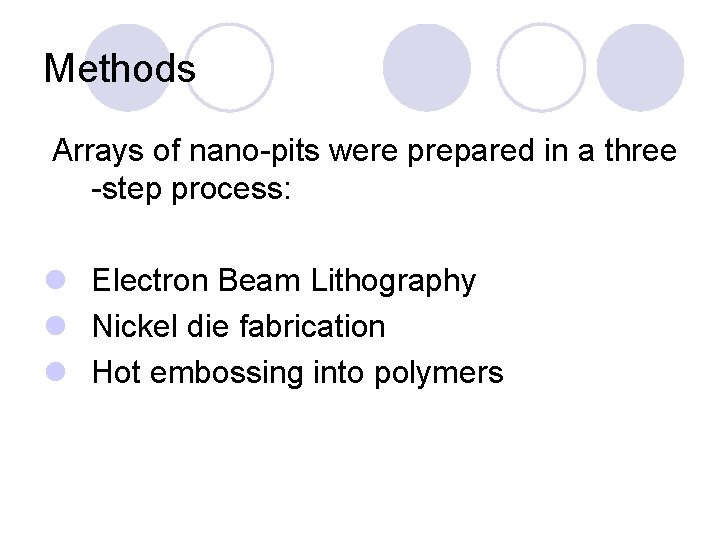 Methods Arrays of nano-pits were prepared in a three -step process: l Electron Beam