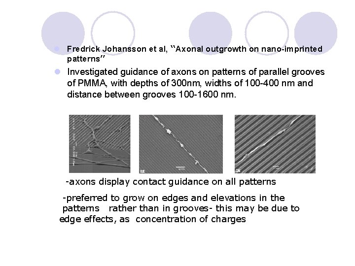l Fredrick Johansson et al, “Axonal outgrowth on nano-imprinted patterns” l Investigated guidance of