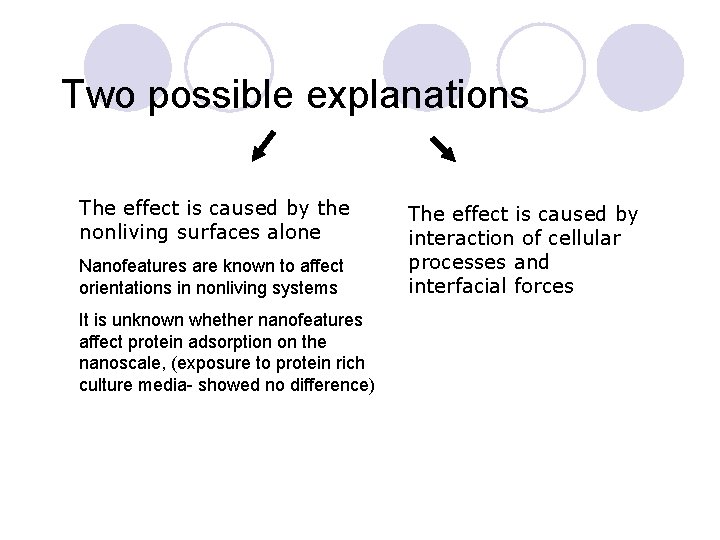 Two possible explanations The effect is caused by the nonliving surfaces alone Nanofeatures are