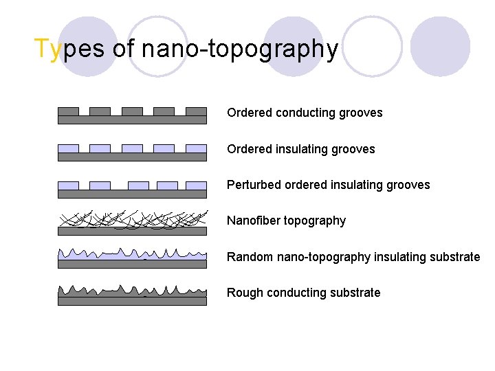Types of nano-topography Ordered conducting grooves Ordered insulating grooves Perturbed ordered insulating grooves Nanofiber