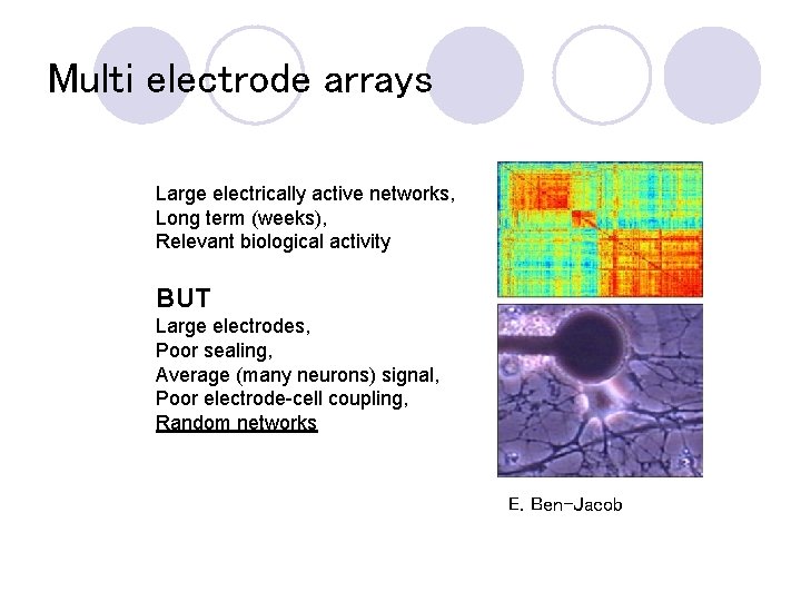 Multi electrode arrays Large electrically active networks, Long term (weeks), Relevant biological activity BUT