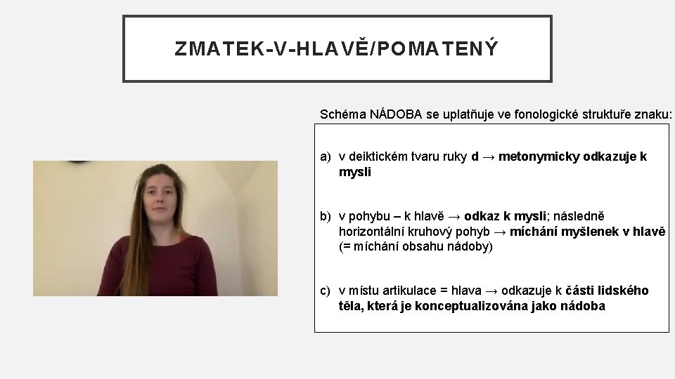 ZMATEK-V-HLAVĚ/POMATENÝ Schéma NÁDOBA se uplatňuje ve fonologické struktuře znaku: a) v deiktickém tvaru ruky