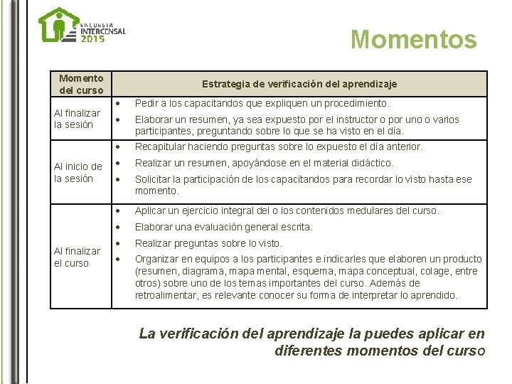 Momentos Momento del curso Al finalizar la sesión Al inicio de la sesión Al