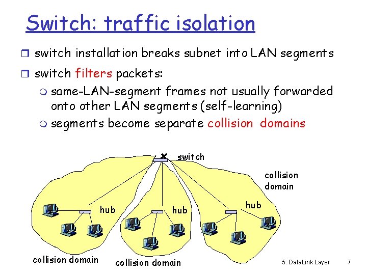 Switch: traffic isolation r switch installation breaks subnet into LAN segments r switch filters