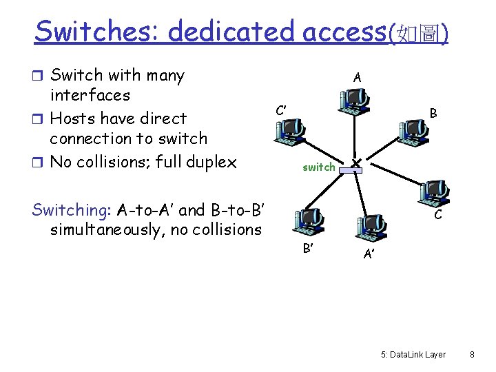 Switches: dedicated access(如圖) r Switch with many interfaces r Hosts have direct connection to