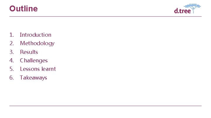 Outline 1. Introduction 2. Methodology 3. Results 4. Challenges 5. Lessons learnt 6. Takeaways
