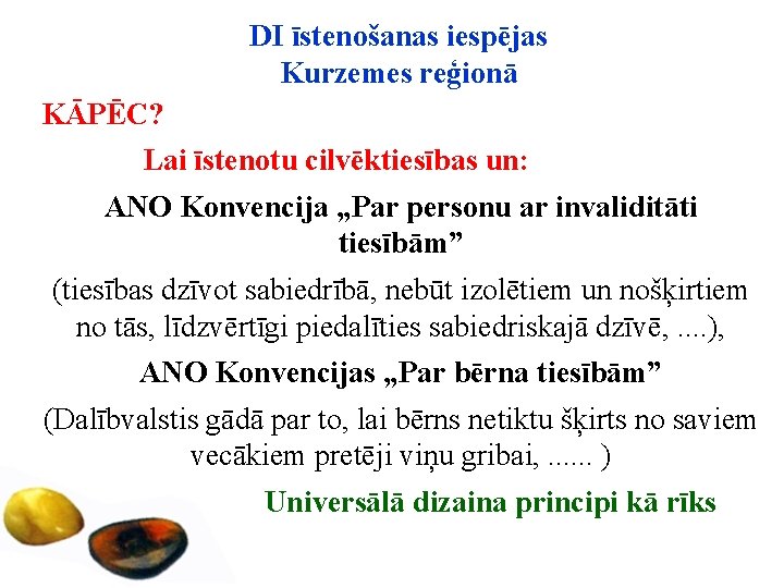 DI īstenošanas iespējas Kurzemes reģionā KĀPĒC? Lai īstenotu cilvēktiesības un: ANO Konvencija „Par personu