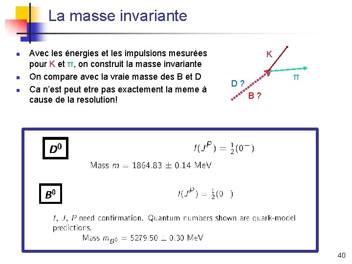 La masse invariante n n n Avec les énergies et les impulsions mesurées pour