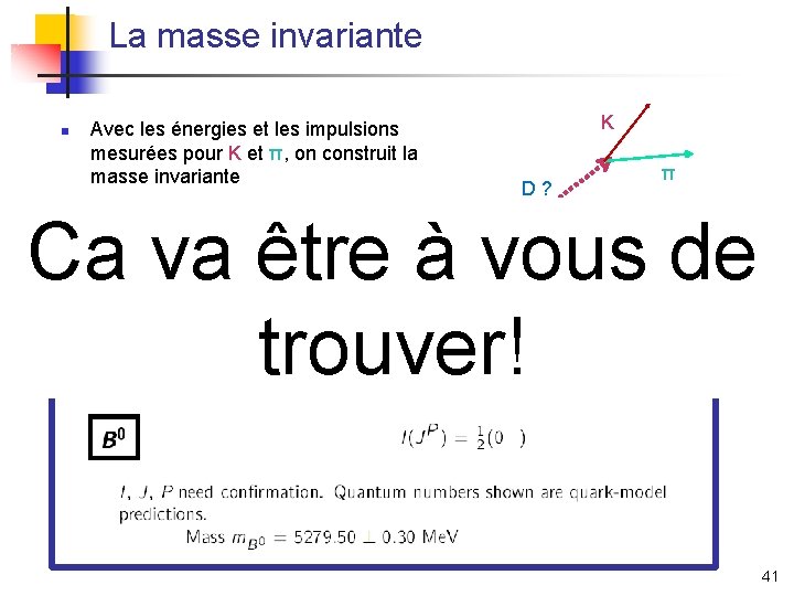 La masse invariante n n Avec les énergies et les impulsions mesurées pour K