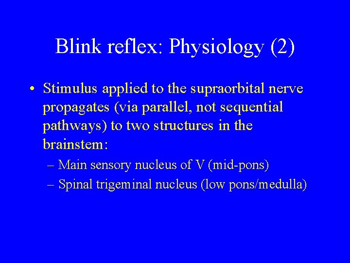 Blink reflex: Physiology (2) • Stimulus applied to the supraorbital nerve propagates (via parallel,