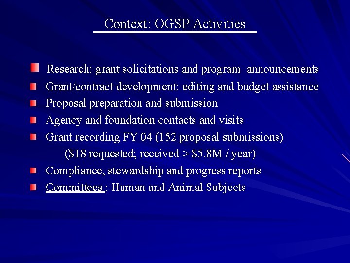 Context: OGSP Activities Research: grant solicitations and program announcements Grant/contract development: editing and budget