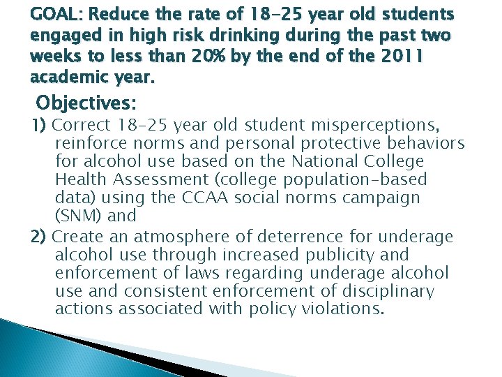 GOAL: Reduce the rate of 18 -25 year old students engaged in high risk