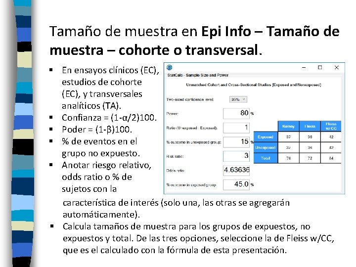 Tamaño de muestra en Epi Info – Tamaño de muestra – cohorte o transversal.