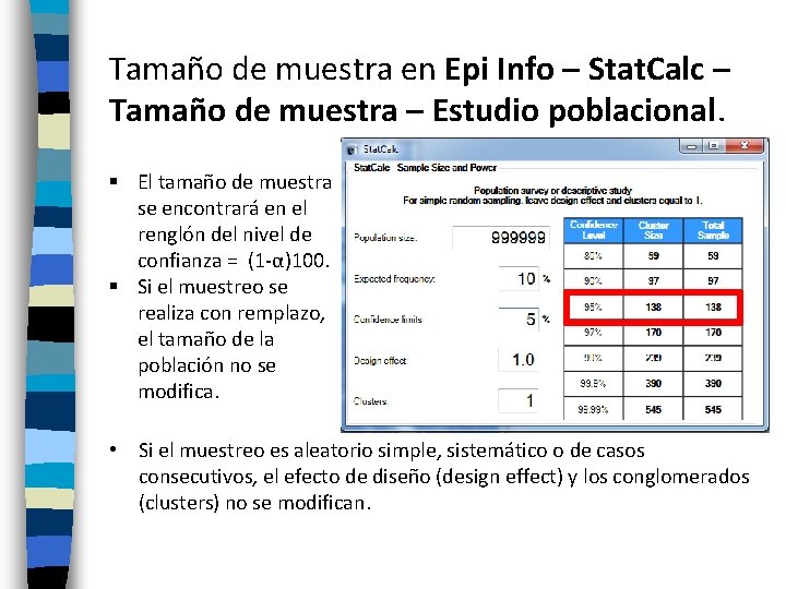 Tamaño de muestra en Epi Info – Stat. Calc – Tamaño de muestra –