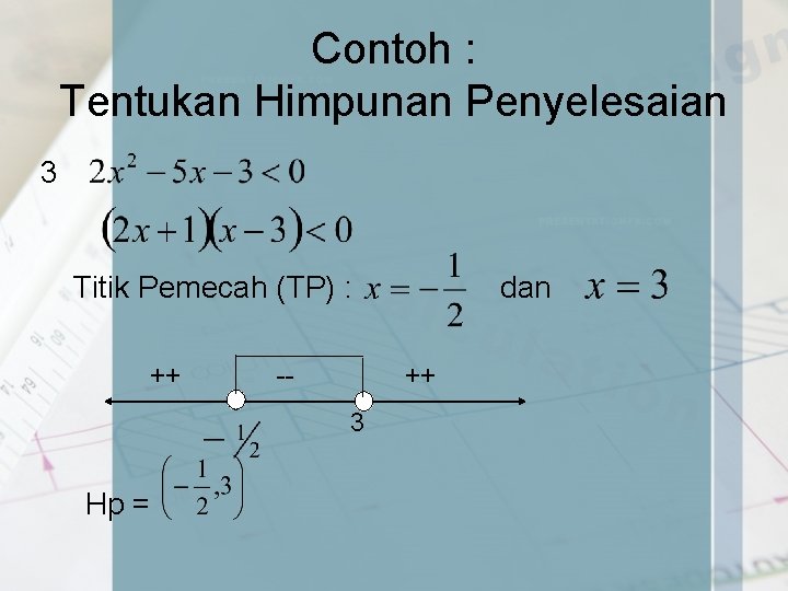 Contoh : Tentukan Himpunan Penyelesaian 3 Titik Pemecah (TP) : ++ -- ++ 3