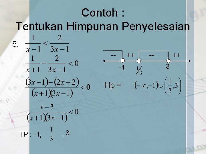 Contoh : Tentukan Himpunan Penyelesaian 5. -- ++ -1 Hp = TP : -1,