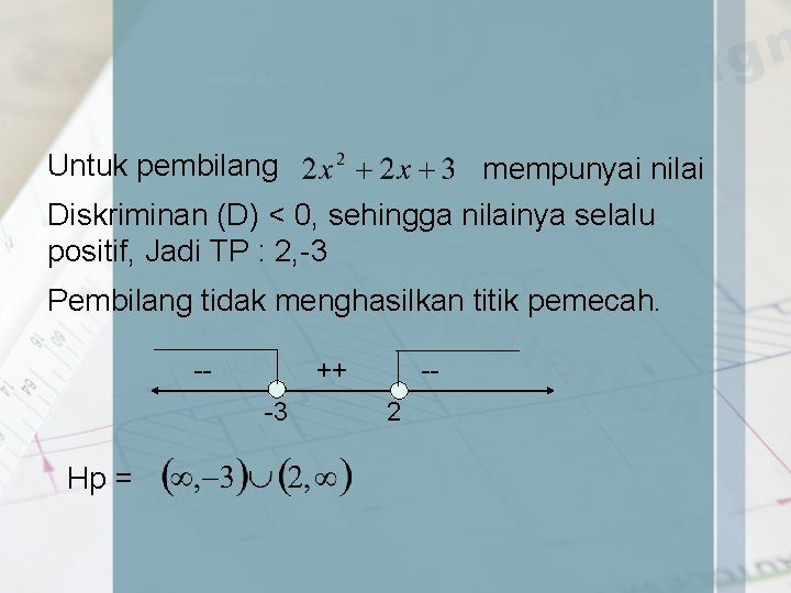 Untuk pembilang mempunyai nilai Diskriminan (D) < 0, sehingga nilainya selalu positif, Jadi TP