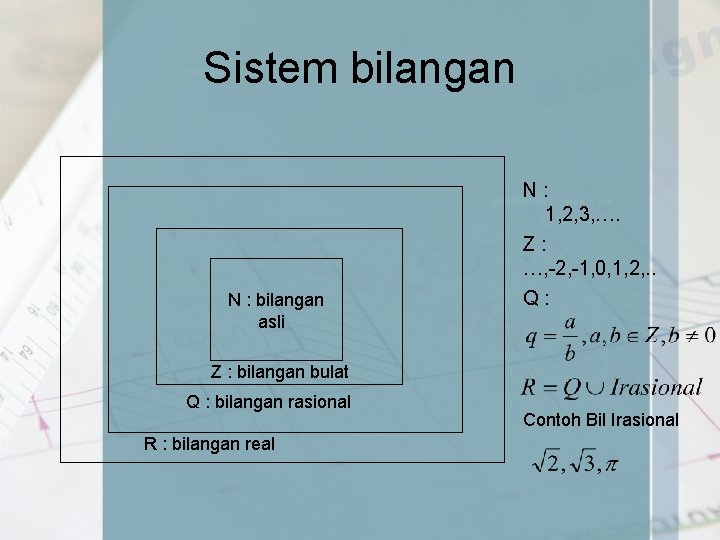 Sistem bilangan N : bilangan asli N: 1, 2, 3, …. Z: …, -2,