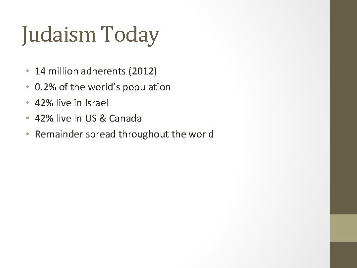 Judaism Today • • • 14 million adherents (2012) 0. 2% of the world’s