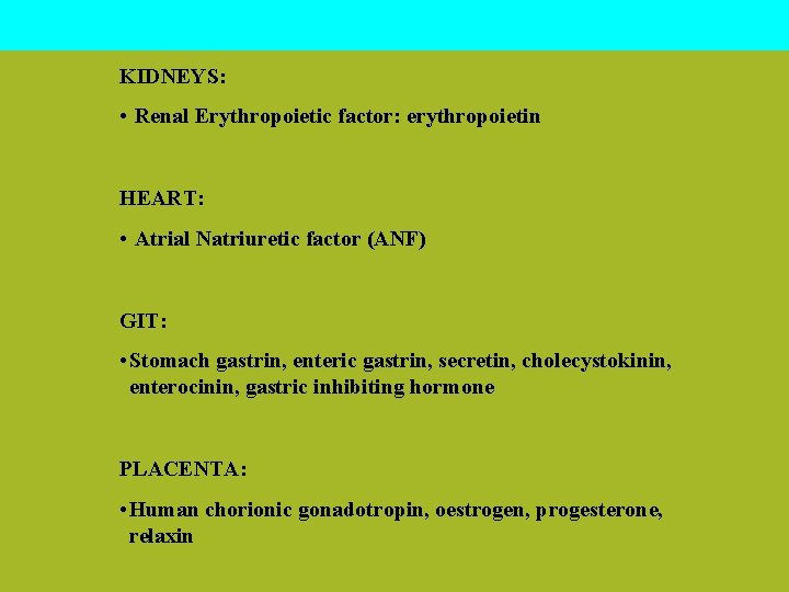 KIDNEYS: • Renal Erythropoietic factor: erythropoietin OTHER ENDOCRINE TISSUES HEART: • Atrial Natriuretic factor