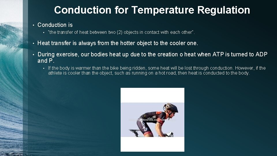 Conduction for Temperature Regulation • Conduction is • “the transfer of heat between two
