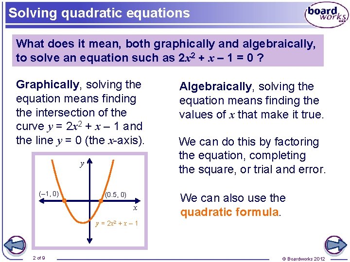 Solving quadratic equations What does it mean, both graphically and algebraically, to solve an