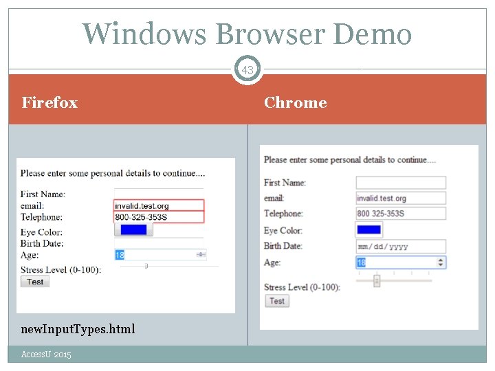 Windows Browser Demo 43 Firefox new. Input. Types. html Access. U 2015 Chrome 