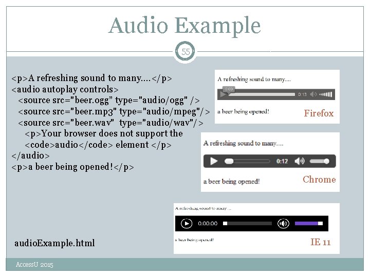 Audio Example 55 <p>A refreshing sound to many. . </p> <audio autoplay controls> <source