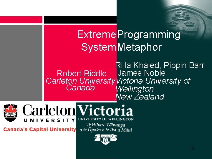 Extreme Programming System Metaphor Rilla Khaled, Pippin Barr Robert Biddle James Noble Carleton University.