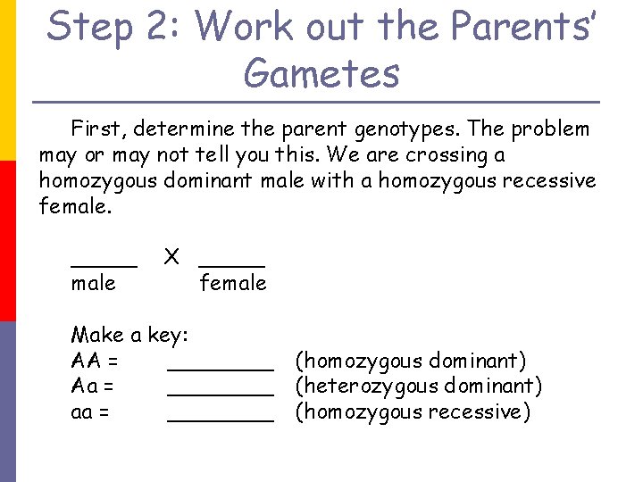 Step 2: Work out the Parents’ Gametes First, determine the parent genotypes. The problem