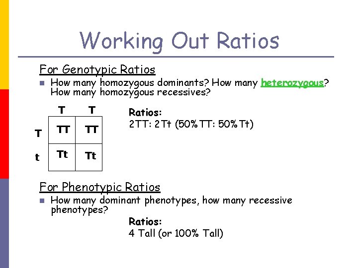 Working Out Ratios For Genotypic Ratios n How many homozygous dominants? How many heterozygous?