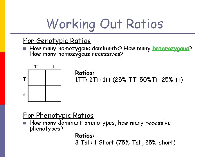 Working Out Ratios For Genotypic Ratios n How many homozygous dominants? How many heterozygous?