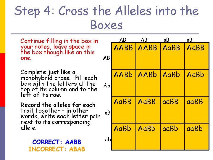 Step 4: Cross the Alleles into the Boxes Continue filling in the box in