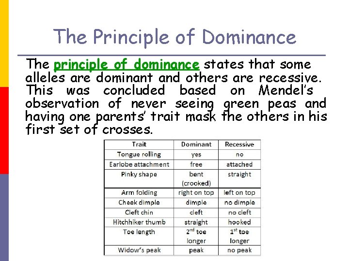 The Principle of Dominance The principle of dominance states that some alleles are dominant