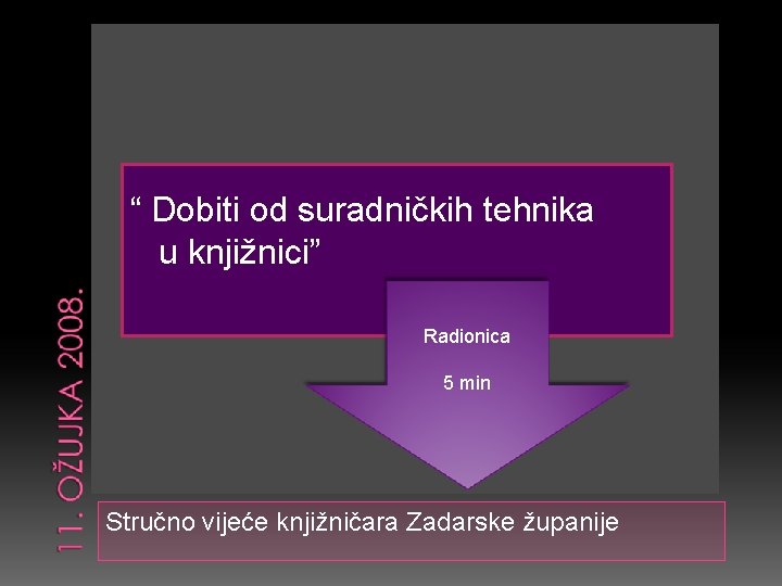 “ Dobiti od suradničkih tehnika u knjižnici” Radionica 5 min Stručno vijeće knjižničara Zadarske