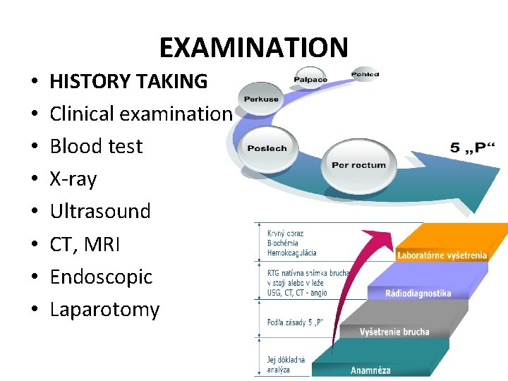 EXAMINATION • • HISTORY TAKING Clinical examination Blood test X-ray Ultrasound CT, MRI Endoscopic