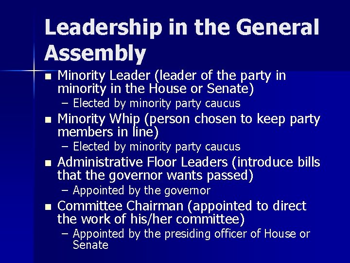 Leadership in the General Assembly n Minority Leader (leader of the party in minority