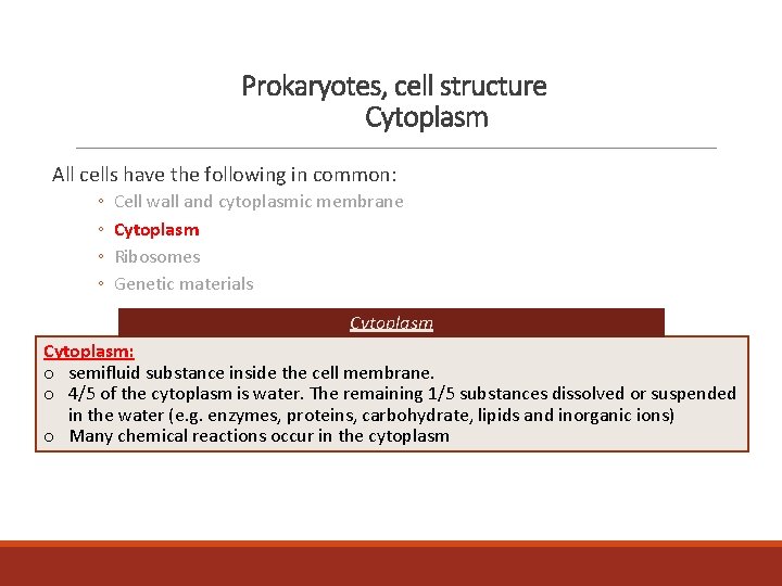 Prokaryotes, cell structure Cytoplasm All cells have the following in common: ◦ ◦ Cell